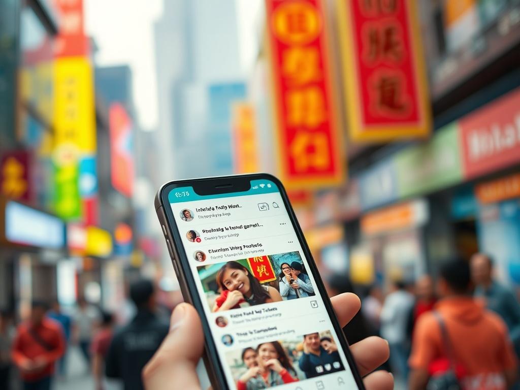 A vibrant close-up of a smartphone displaying a colorful social media feed, with engaging posts and comments visible. The background should reflect a bustling urban environment in China, conveying the dynamic nature of social media interaction.