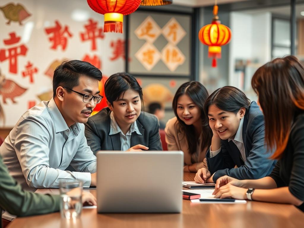 A captivating close-up of a diverse group of professionals brainstorming around a modern table, with vibrant visuals of Chinese cultural elements in the background. The focus should be on their engaged expressions and dynamic interaction, showcasing collaboration in a creative workspace.