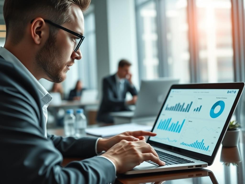 A close-up shot of a focused business professional reviewing data analytics on a laptop, with charts and graphs displayed on the screen. In the background, a modern office setting reflects professionalism and strategic planning.