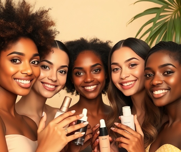 Diverse group of beautiful women of all races showcasing beauty products