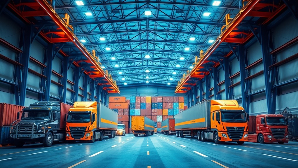 Modern logistics warehouse with containers and trucks