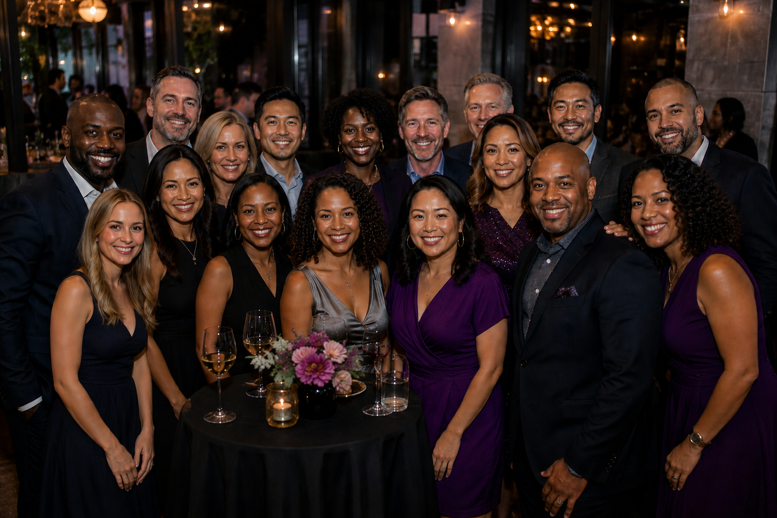 Diverse group of adults enjoying a warm, welcoming social gathering
