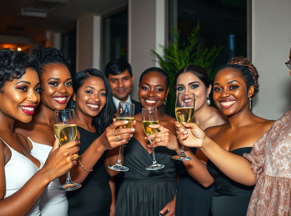 Elegant diverse group celebrating special occasions with champagne toasts