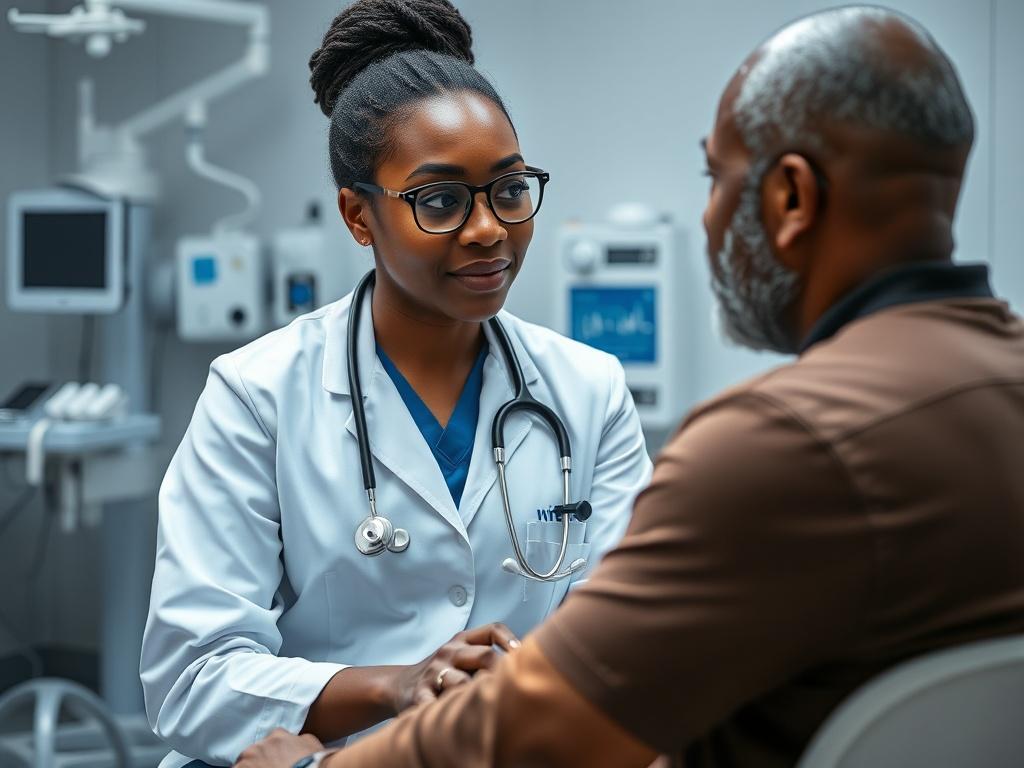 A black female doctor performing a health assessment on a