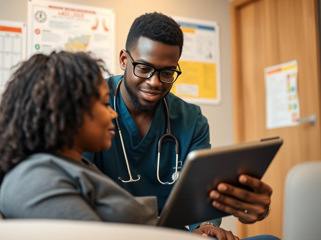 A black healthcare professional discussing chronic disease management with a