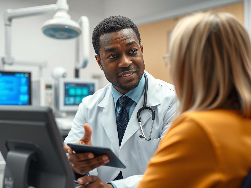 A black doctor in a white coat consulting with a