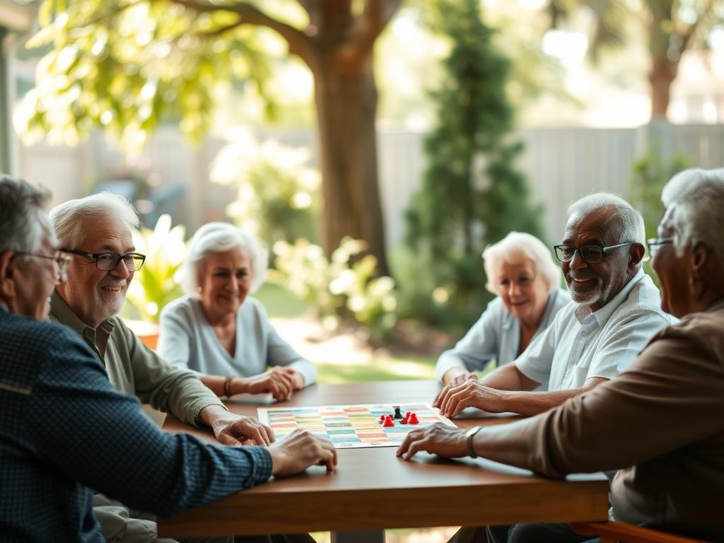 A serene backyard scene featuring a diverse group of elderly individuals, including African Americans, engaged in a lively board game session. The setting is bright and inviting, surrounded by lush greenery and soft sunlight filtering through the trees. The participants, aged around 65, are seated comfortably at a table, displaying expressions of joy and camaraderie as they play different board games together. The atmosphere is peaceful and harmonious, capturing the essence of community and connection.
