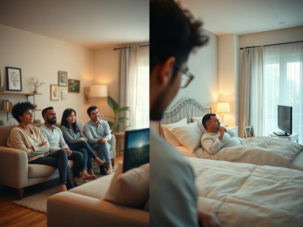 A side-by-side high-resolution photo showcasing a cozy living room and a comfortable bedroom. On the left, a group of diverse adults in a welcoming living room, sitting together on a plush sofa, engaged in watching TV. The room is adorned with soft lighting and tasteful decorations, creating a warm ambiance. On the right, a serene bedroom featuring a neatly made bed, with another adult relaxing and watching TV. The bedroom exudes tranquility with calming colors and minimalistic decor. The overall compositio