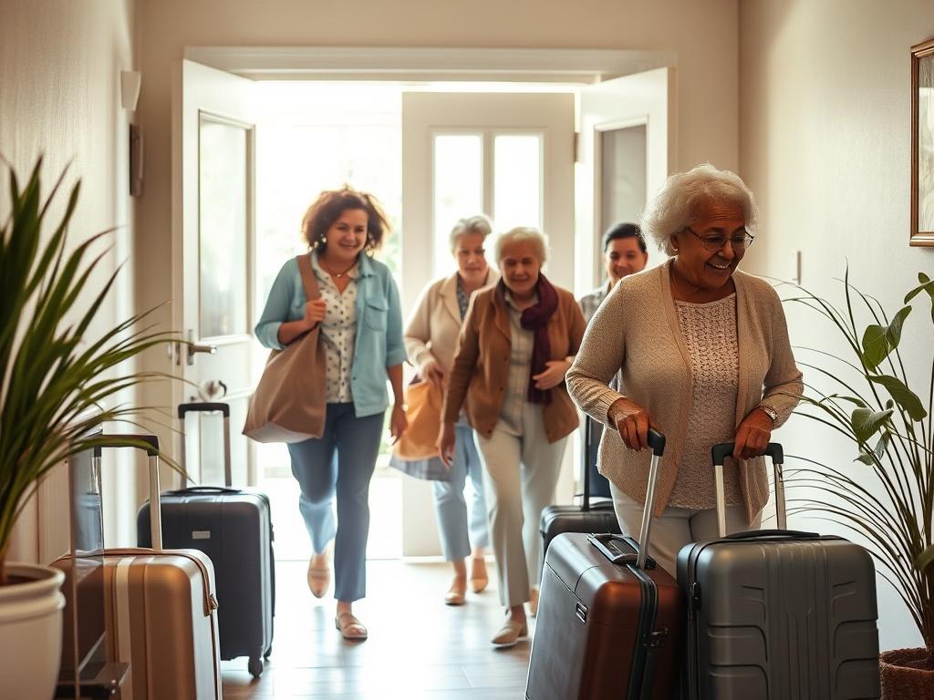 A warm, inviting scene depicting a diverse group of older adults, including individuals of different ethnicities and African Americans, around 65 years old, entering a shared living space. They are carrying their luggage, reflecting a sense of transition and new beginnings. The entrance should be cozy and welcoming, with soft tones, gentle lighting, and a peaceful atmosphere. Show an open door that leads to a bright interior, suggesting a safe and supportive environment.