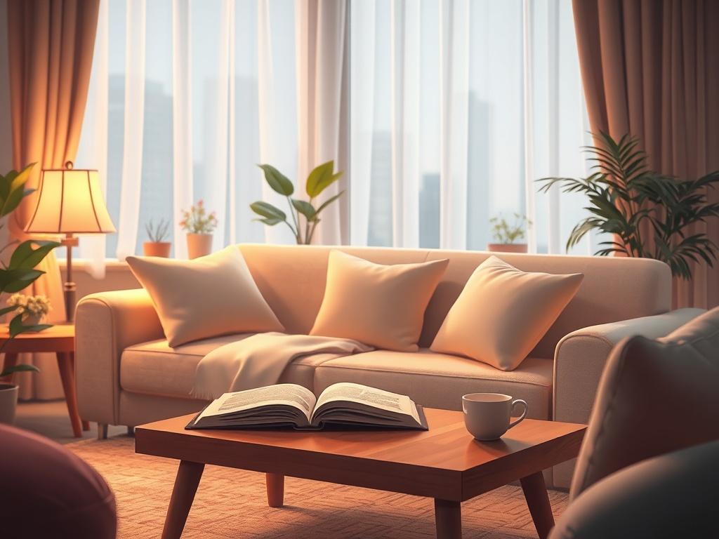 A cozy, animated living room scene featuring a comfortable sofa adorned with soft cushions, a coffee table with an open book and a steaming cup of tea, and a gentle glow from a nearby lamp. The background should include a window with sheer curtains letting in soft, natural light and a few potted plants adding a touch of greenery. The overall atmosphere should be warm and inviting, creating a sense of peace and comfort.