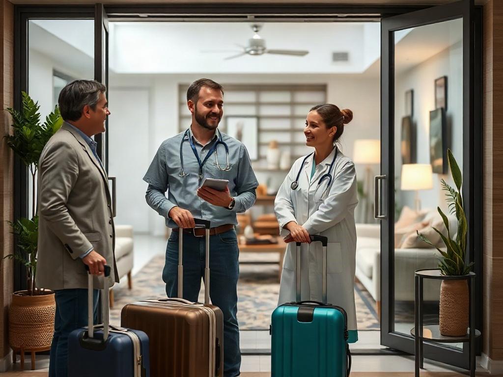 A realistic high-resolution photo of healthcare travel professionals arriving at their accommodation. The scene captures a warm welcome as two healthcare professionals, one male and one female, stand with their luggage in front of a stylish shared living space. They are smiling and chatting with a friendly host who stands at the entrance, showcasing a sense of community and comfort. The background features a clean, modern environment with welcoming decor, reflecting a safe and inviting atmosphere. The image