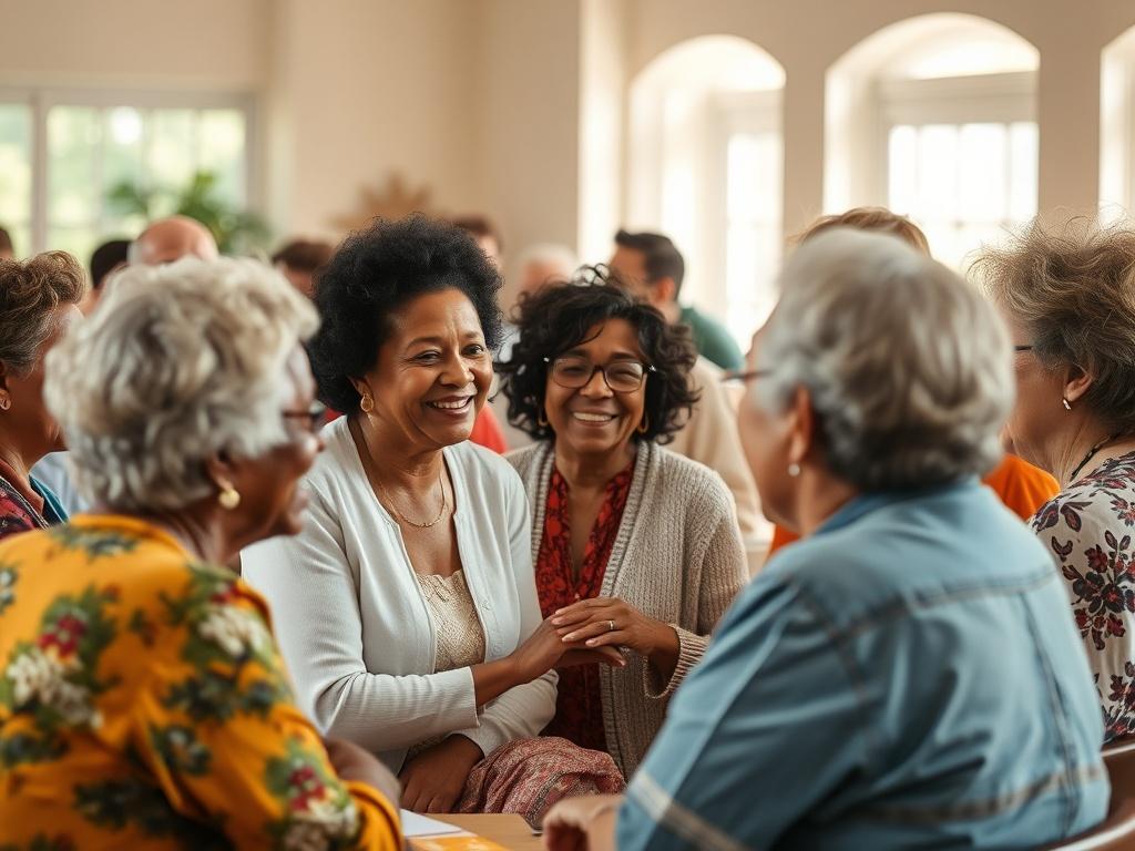 A lively community gathering with residents participating in a group