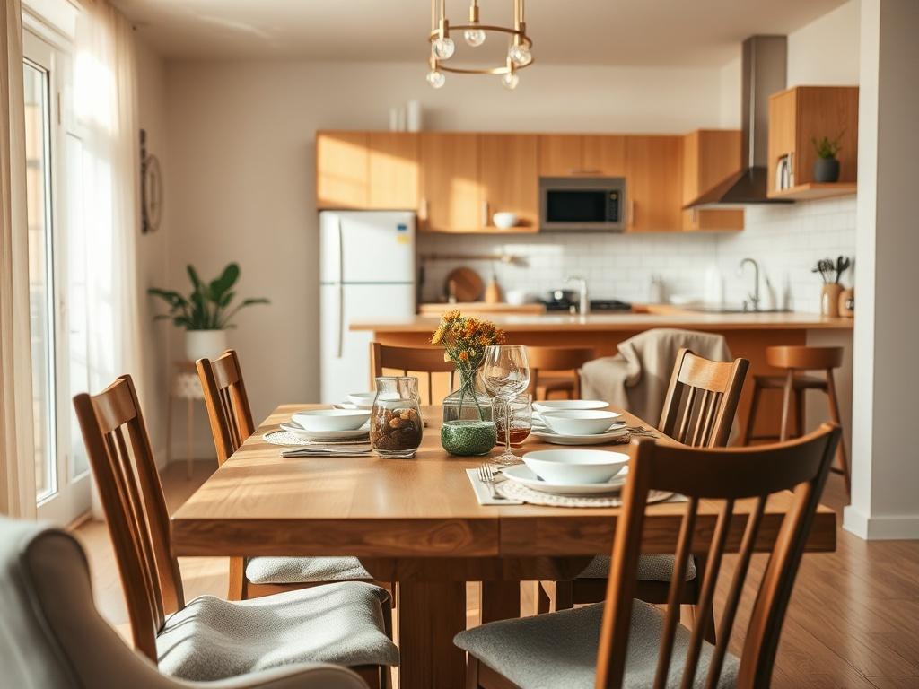 A realistic high-resolution photo of a warm and inviting dining area and kitchen in a shared living house. The image should capture a cozy dining table set for a meal, surrounded by comfortable chairs. In the background, a modern kitchen with clean lines and bright colors should be visible, showcasing essential appliances and utensils. Natural light should flood the space, creating a welcoming atmosphere. The composition should be simple, focusing on the dining area and kitchen, with a soft and warm color p