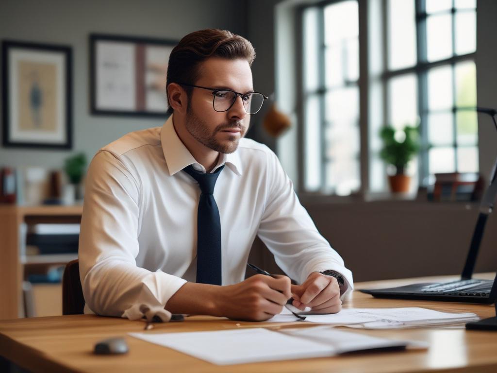 Create a realistic high-resolution close-up photo of a confident small business owner seated at their tidy wooden desk, focused on reviewing neatly organized financial documents and a laptop displaying clear bookkeeping data. The composition is simple and clear, with one subject—the business owner—centered and illuminated by soft natural light. The background is a clean, modern home office space with minimal decor, featuring subtle touches of green that complement the rgb(50, 170, 39) color theme. The scene