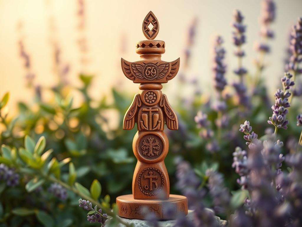 A serene, high-resolution image of a beautifully crafted wooden healing totem, featuring intricate carvings and symbols. The totem should be placed in a calming, natural setting with soft, warm lighting. Surround it with gentle green foliage and a subtle lavender backdrop, creating a peaceful atmosphere that reflects healing and mindfulness.