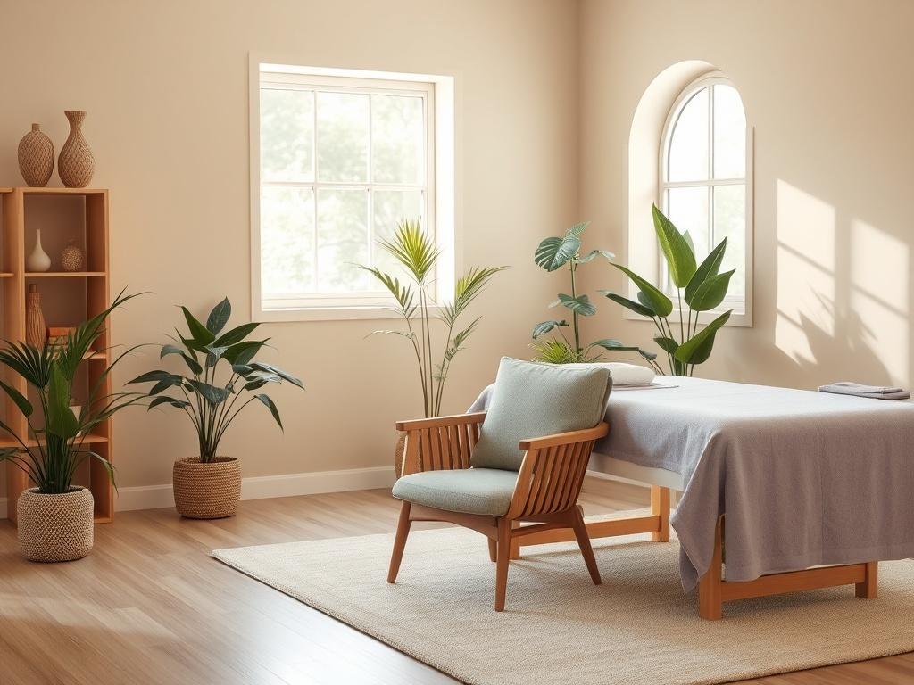 A serene therapist's room with soft beige walls and warm olive green accents. The room features a comfortable massage table with calming lavender blankets. A gentle light filters through a window, illuminating a peaceful atmosphere. In the background, there are plants that bring nature indoors, creating a tranquil space for healing. The focus is on a single comfortable chair positioned next to the massage table, inviting clients to relax and unwind.