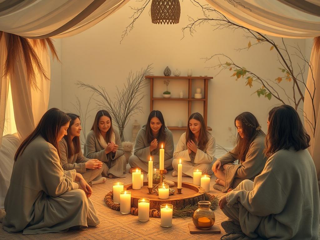 A cozy communal gathering in a softly lit space, with participants engaged in a seasonal ceremony. The ambiance is warm and inviting, with candles and natural elements enhancing the connection to nature.