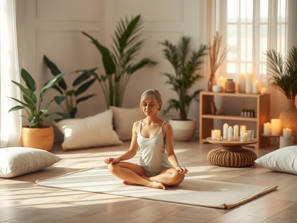 A serene and peaceful healing session in a tranquil room, featuring a single client sitting cross-legged on a soft mat, with gentle lighting casting a warm glow. The background includes calming elements like plants, soft cushions, and a small altar with crystals and candles, creating a nurturing atmosphere.