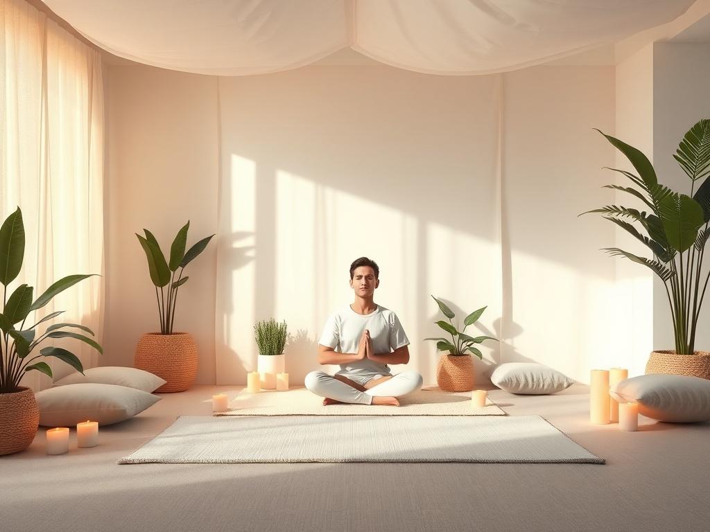 A serene setting for a mantra retreat, featuring a peaceful indoor space with soft lighting, cushions, and calming colors. A single person sits cross-legged on a cushion, meditating with closed eyes, surrounded by plants and candles. The atmosphere is tranquil and inviting, emphasizing relaxation and introspection.
