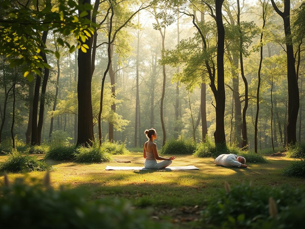 A serene retreat setting in a lush green forest, featuring a single individual sitting peacefully on a yoga mat, surrounded by gentle sunlight filtering through the trees. The atmosphere is calm and inviting, with soft tones of beige and light lavender in the surroundings, creating a tranquil ambiance that reflects personal growth and inner peace.