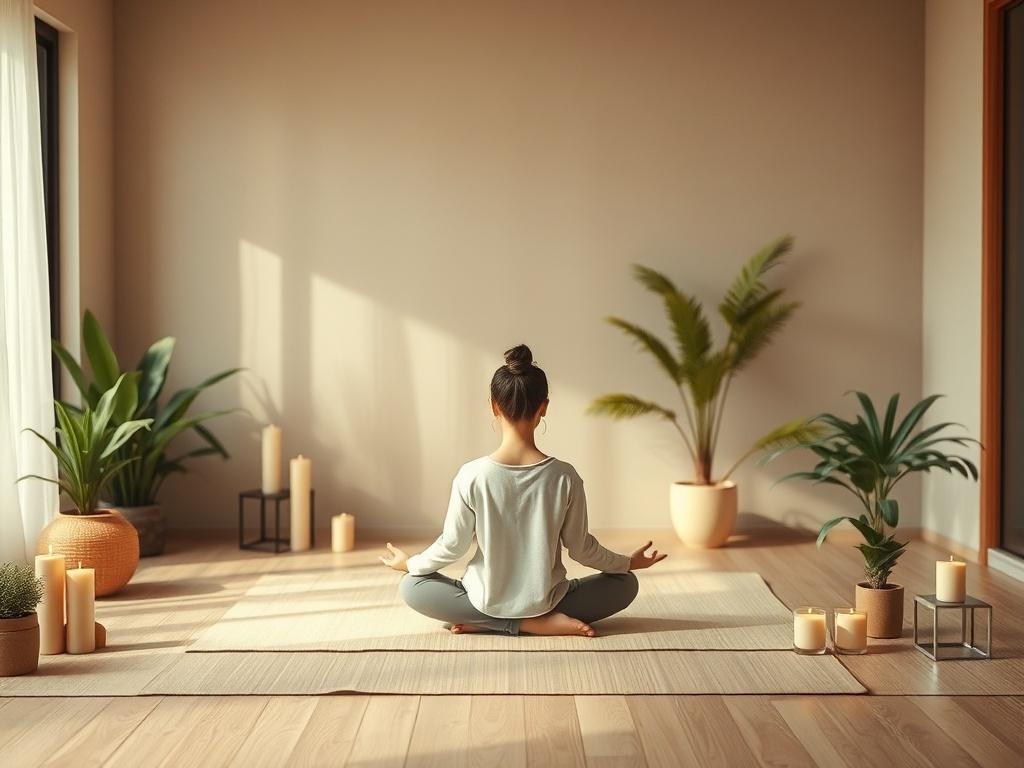 A serene indoor setting with soft lighting, depicting a peaceful individual session with a person meditating on a comfortable mat surrounded by calming elements like plants and candles. The background is softly blurred to emphasize tranquility, with warm beige and olive green tones creating a welcoming atmosphere.