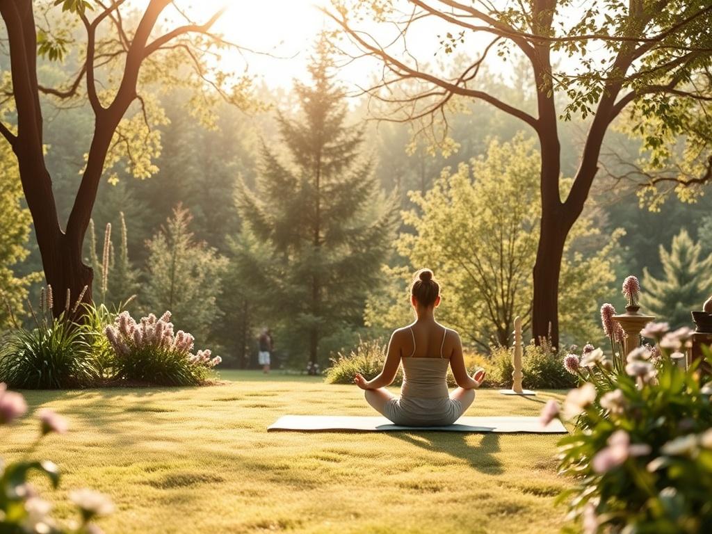 A serene retreat setting in nature, featuring a peaceful outdoor space with soft sunlight filtering through trees, a single person meditating on a yoga mat surrounded by gentle greenery and calming flowers. The atmosphere should be tranquil and inviting, reflecting peace and healing.