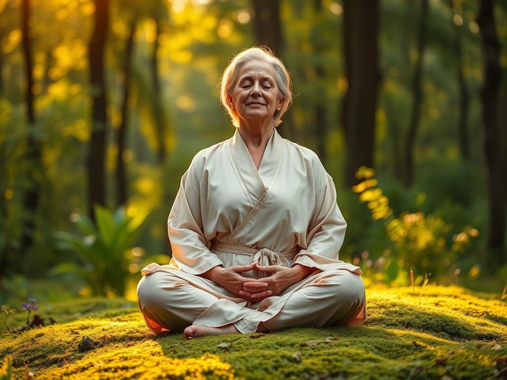 **AI Image Generator Prompt:**

Create a highly detailed, realistic high-resolution photo that captures the essence of a blog titled "Exploring the Depths of Healing." The composition should be simple and clear, focusing on a solitary figure deep in meditation. 

**Subject Matter:**
The subject should be a serene middle-aged woman, sitting cross-legged on a soft, natural surface such as grass or moss. She should appear peaceful and deeply engaged in her meditation, with her eyes gently closed and a subtle s