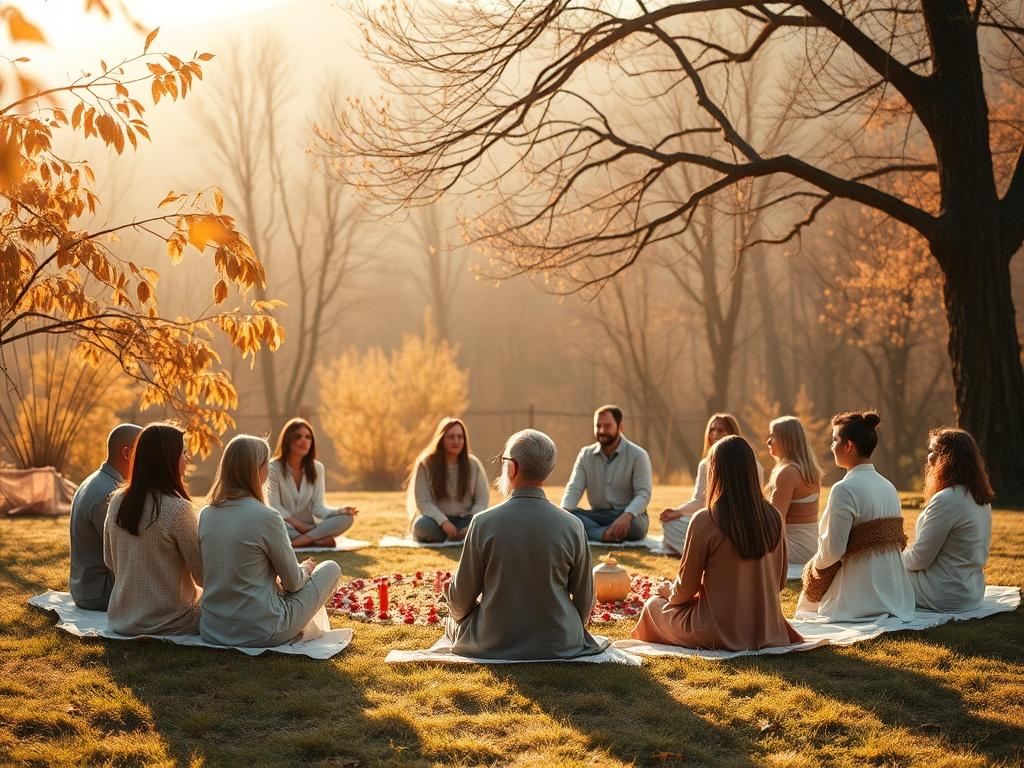 A serene outdoor setting for a seasonal ceremony, surrounded by nature. Soft lighting and warm colors create a cozy atmosphere. Include participants seated in a circle, engaged in a meditative activity, with nature elements like trees and soft grass enhancing the peaceful ambiance.