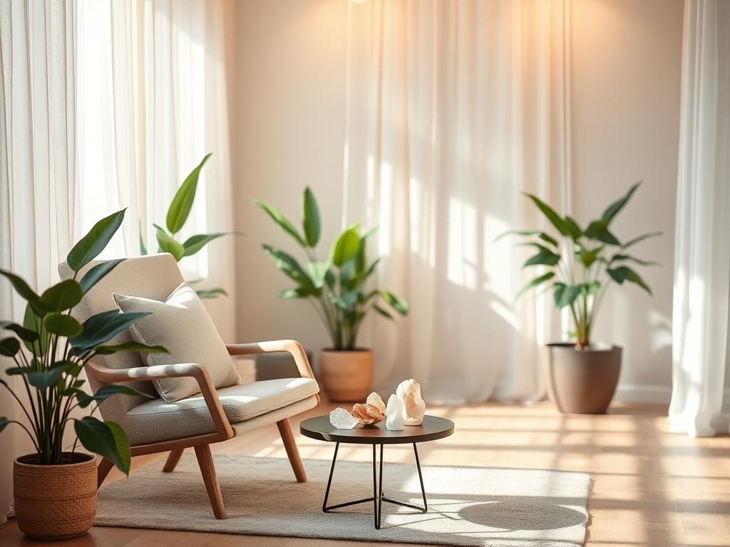 A serene, softly lit room with calming colors, featuring a comfortable chair and a small table with healing crystals. The background should show gentle green plants and warm lighting, creating a peaceful atmosphere.