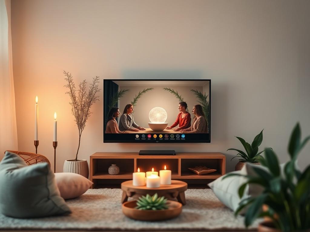 A cozy virtual meeting setup with soft lighting, featuring a screen showing participants engaged in a healing ceremony, surrounded by calming elements like candles and plants.