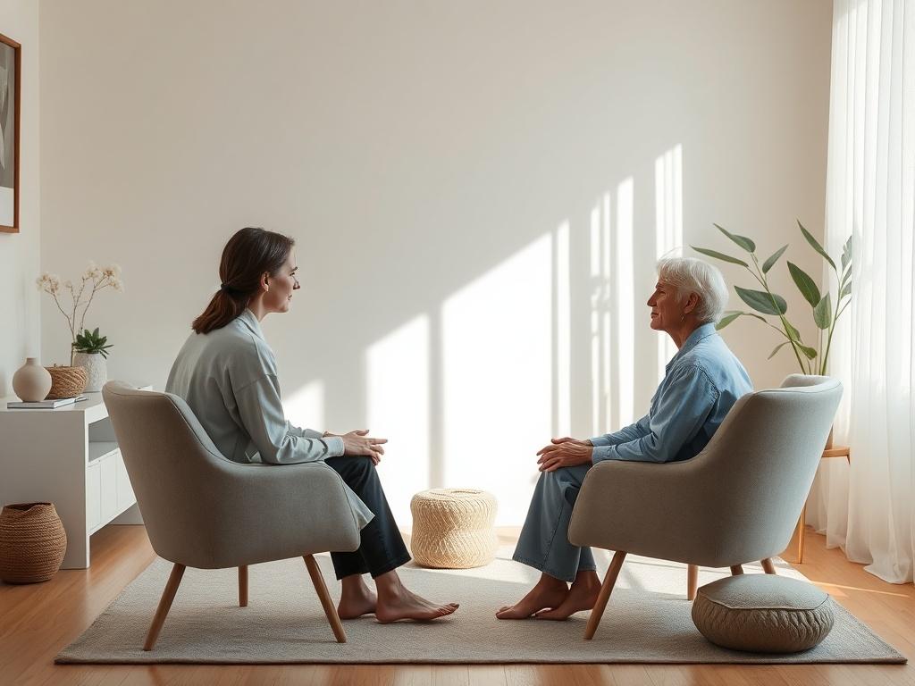 A tranquil coaching session in a softly lit room, featuring a single person seated comfortably with a nurturing coach, surrounded by calming decor.