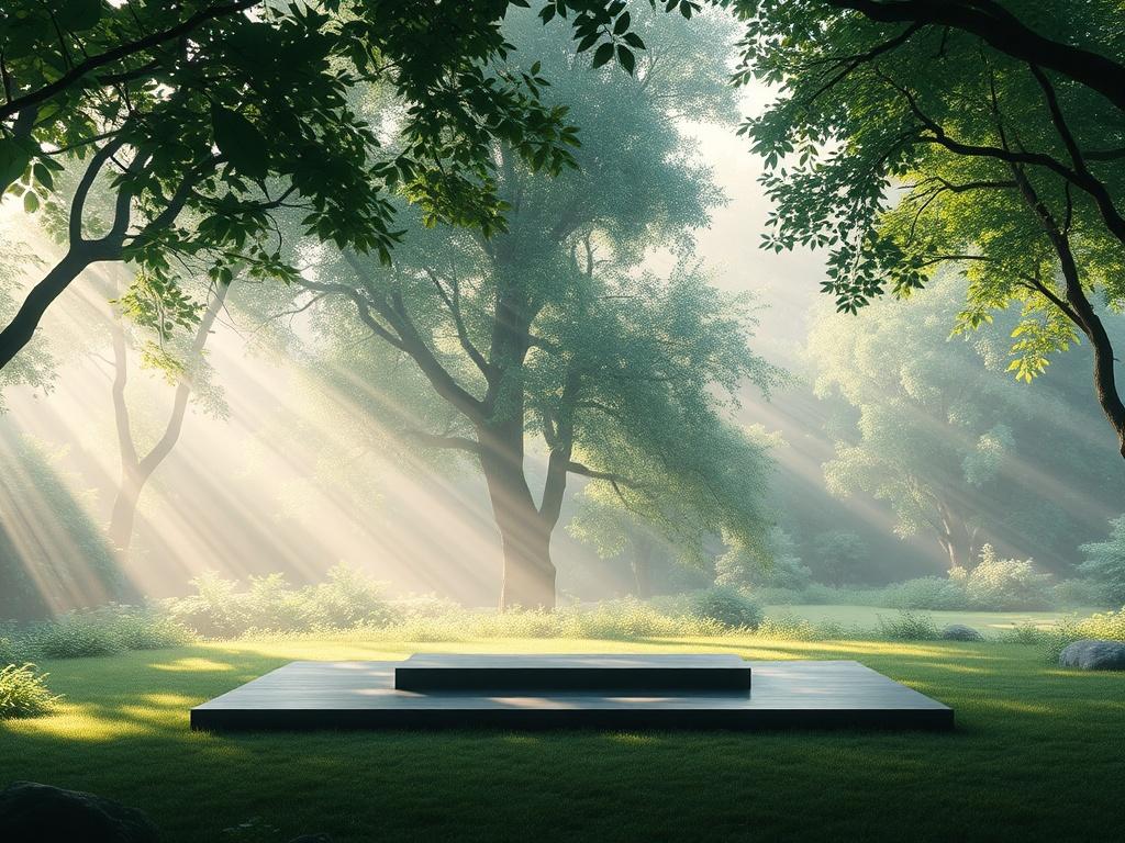 A serene retreat setting with a single meditation space surrounded by lush greenery and soft sunlight filtering through trees, creating a peaceful atmosphere.