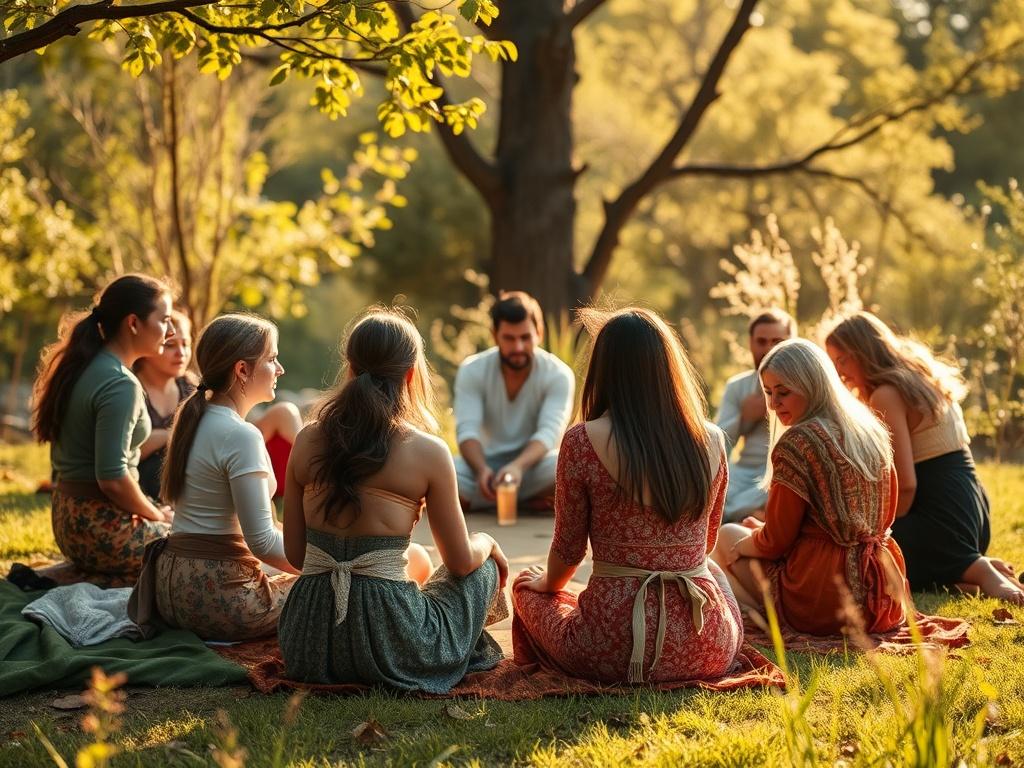 A vibrant community gathering in a natural outdoor setting, with participants engaged in a healing circle, surrounded by nature and soft lighting.