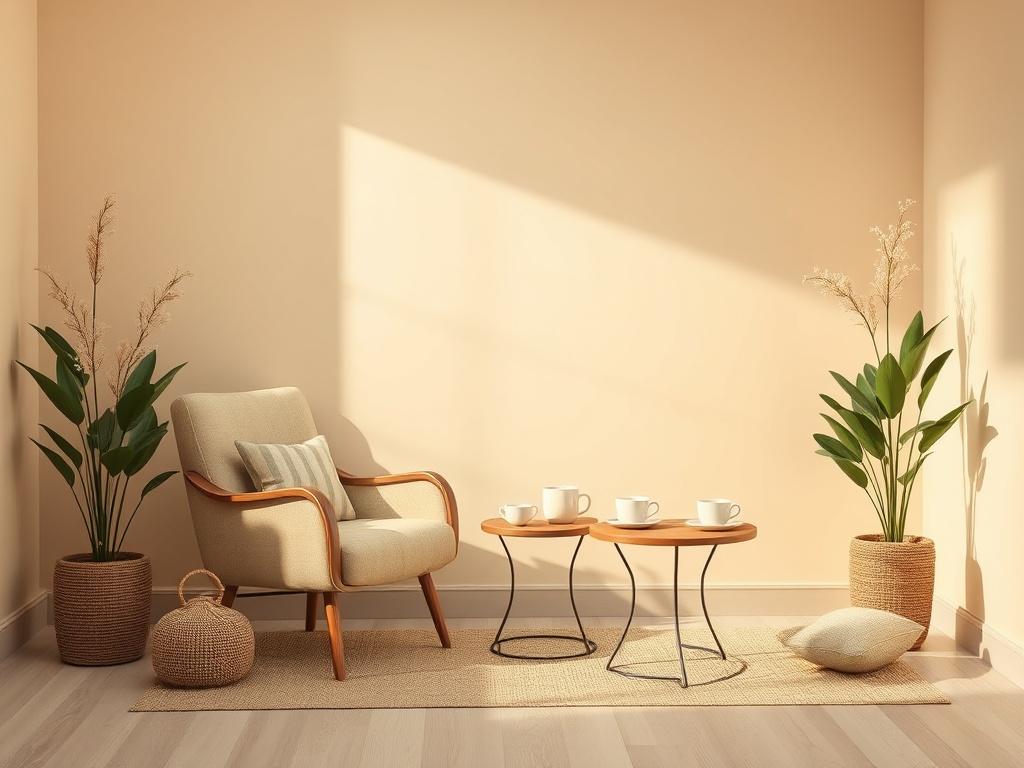A serene consultation room with soft beige walls and warm