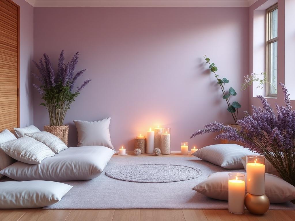 A tranquil wellness space with soft lavender tones, featuring cushions