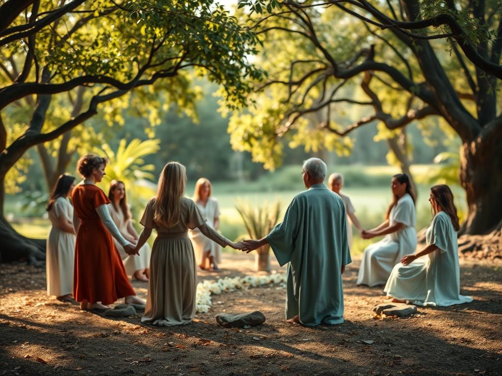 A tranquil outdoor setting for a healing ceremony, surrounded by