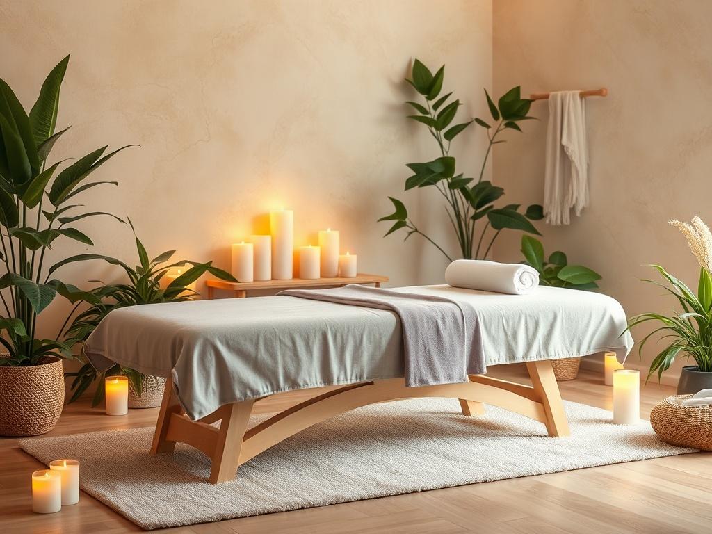 A serene healing space with a comfortable massage table, softly