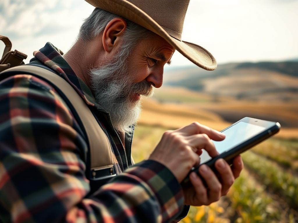 A dynamic scene showing a farmer receiving an alert on