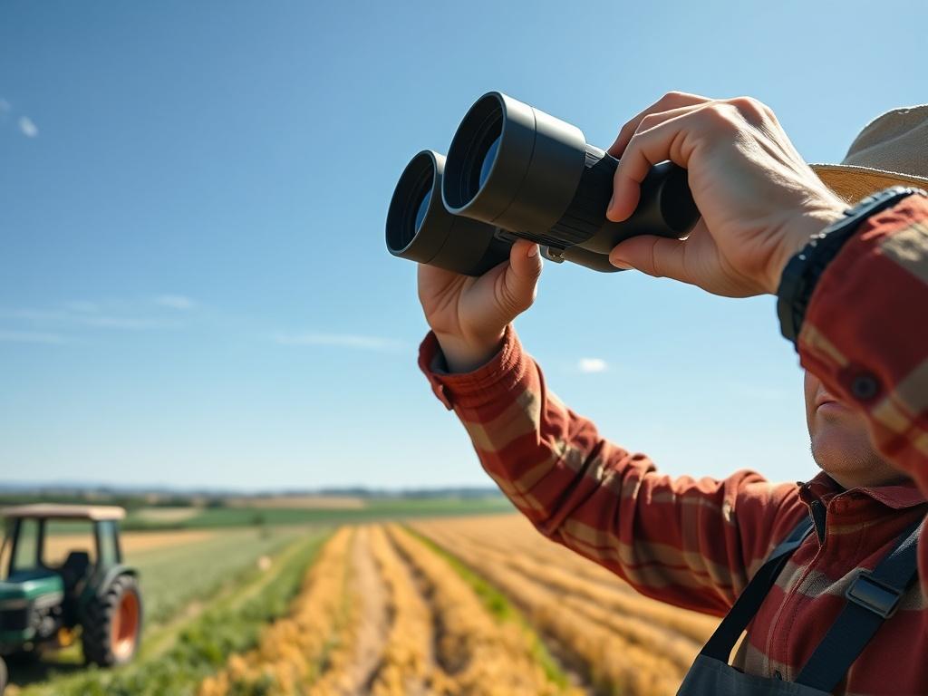 A vibrant rural landscape showing vast fields and farm equipment