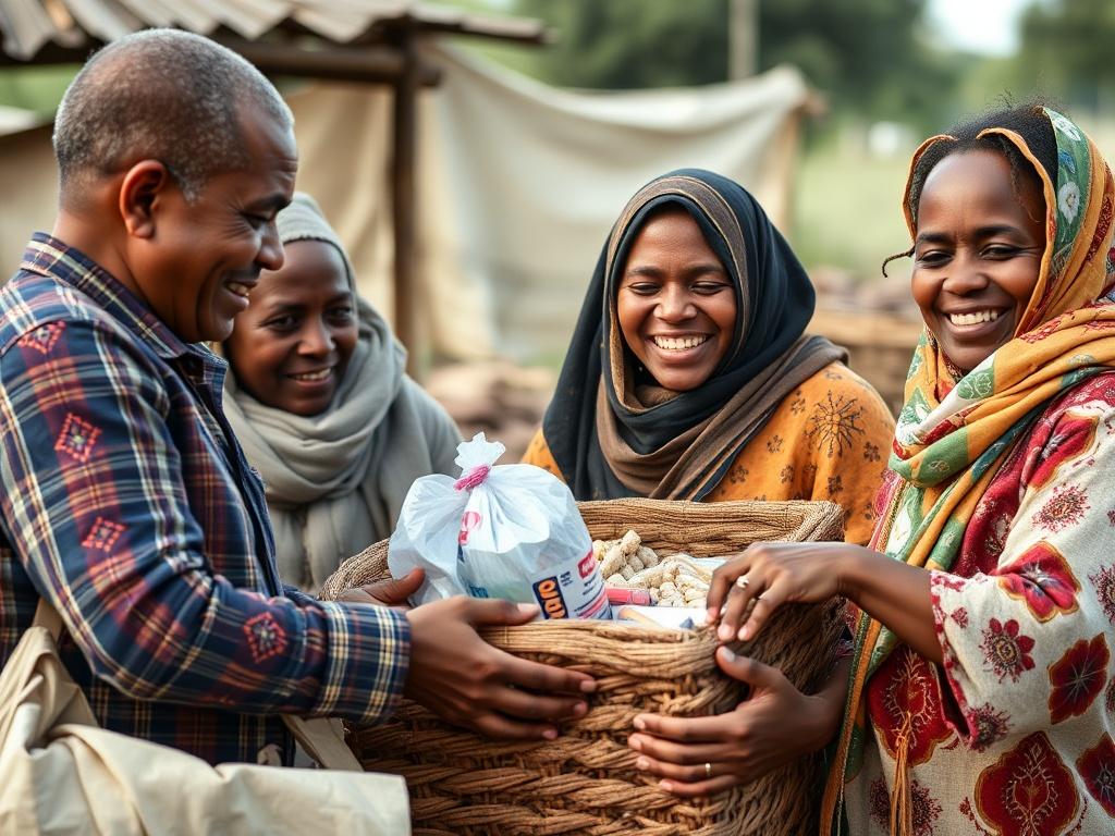A close-up shot of community members smiling and interacting while unpacking a security hamper, showcasing the joy of collaboration and connection in a rural setting.