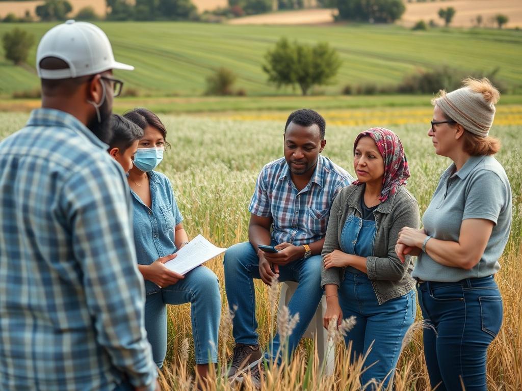 A close-up shot of a group of diverse community members discussing safety strategies while surrounded by the natural beauty of rural farmland, highlighting unity and awareness.