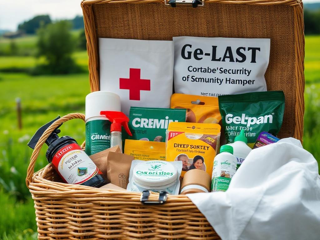 A close-up shot of a beautifully arranged community security hamper filled with essential safety items, set against a lush green rural landscape, emphasizing community support and togetherness.