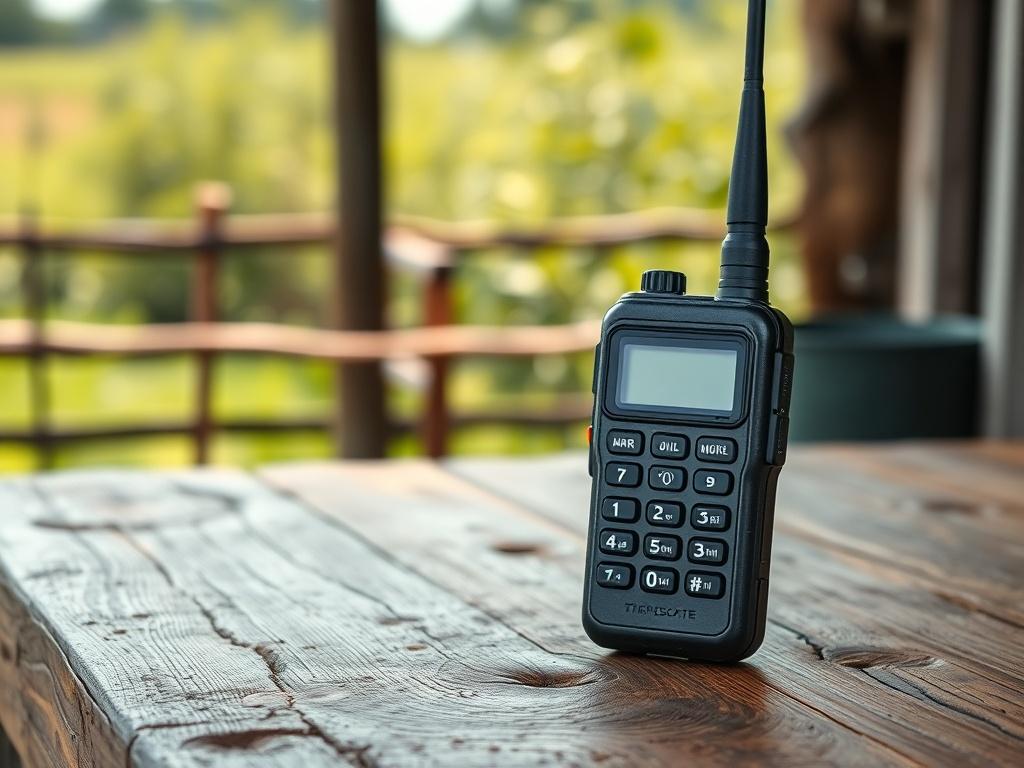 A realistic high-resolution photo of a walkie talkie placed on a rustic wooden table. The walkie talkie should be the main focus, showcasing its buttons and screen clearly. The background should be softly blurred, featuring hints of a rural landscape with greenery, emphasizing the connection to rural equipment and communication. The lighting should be natural, giving a warm and inviting feel to the scene.