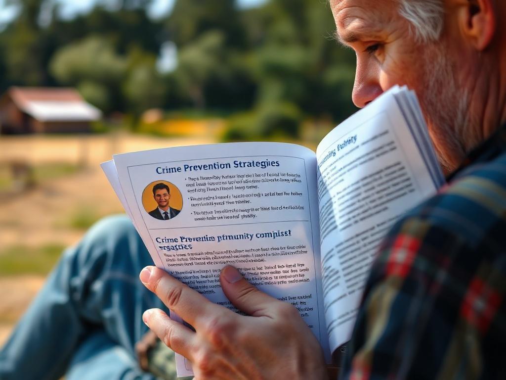 A close-up shot of a rural community member reading informational material about crime prevention strategies, with a thoughtful expression. The background features a sunny outdoor setting, with farmland and greenery, highlighting the importance of awareness and education in enhancing community safety.