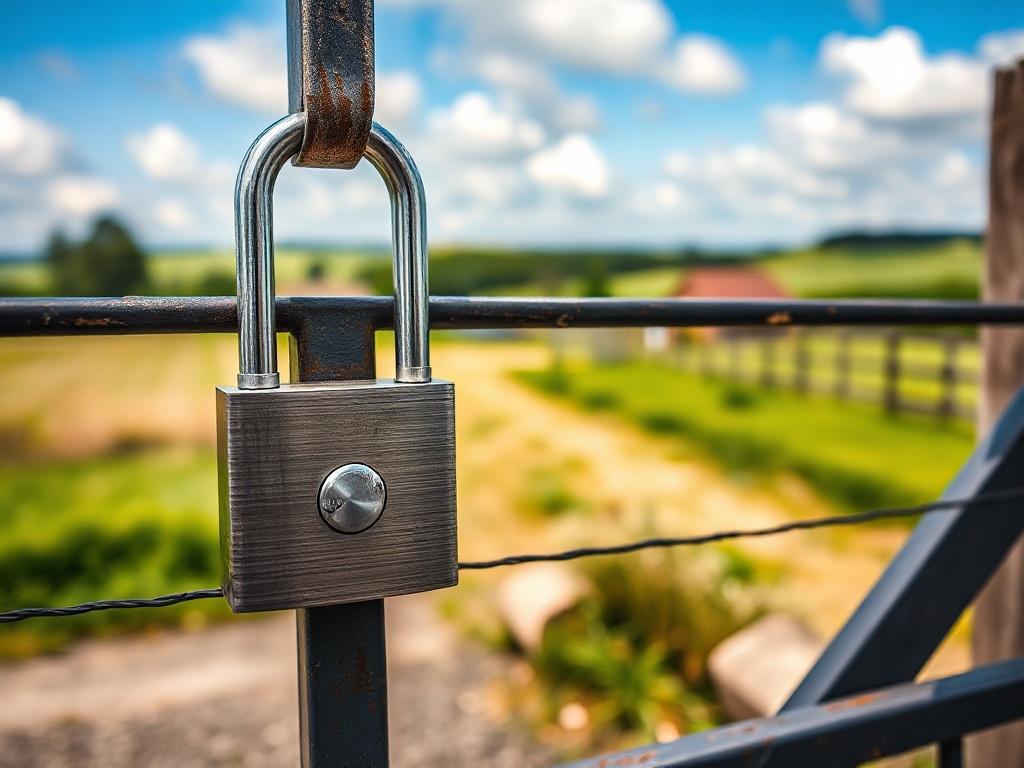A close-up shot of a rural property with a sturdy lock and alarm system prominently displayed on a gate, symbolizing enhanced security. The background features a serene countryside landscape, showcasing the peaceful rural setting while emphasizing safety and protection.