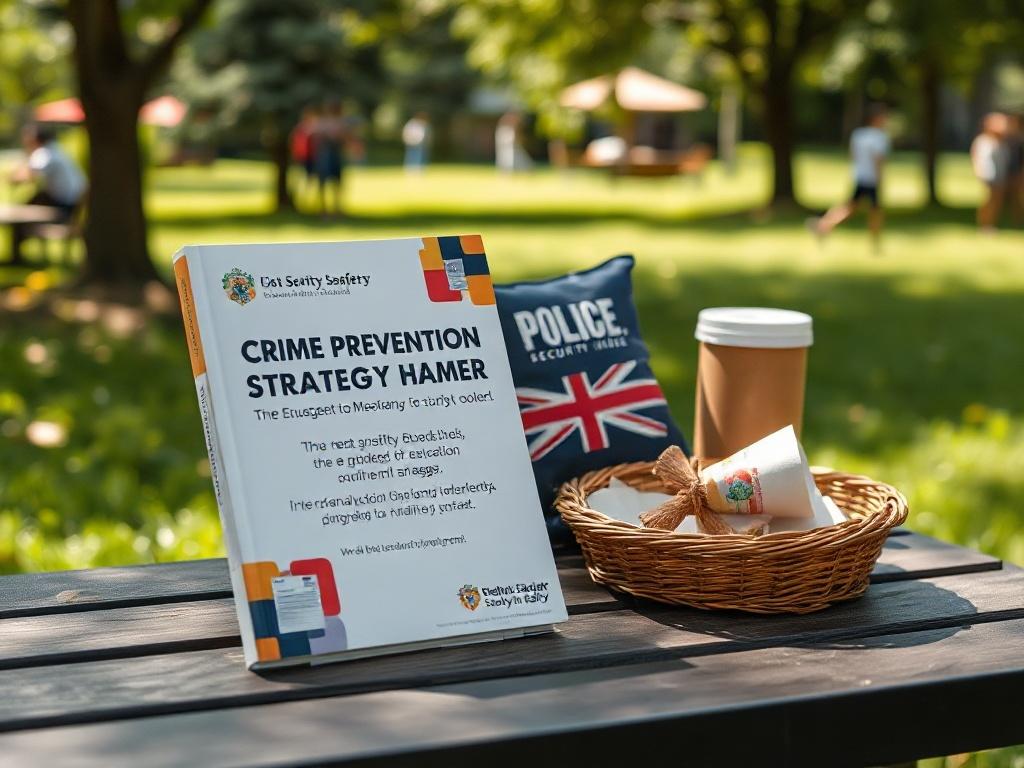 An educational booklet on crime prevention strategies placed on a table next to a Community Security Hamper. The setting is outdoors in a community space, with green grass and trees around, highlighting the importance of education in safety.