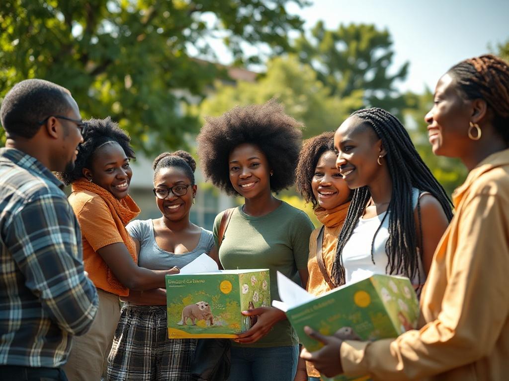 A diverse group of community members gathered in a park, discussing safety strategies and holding Community Security Hampers. The focus is on their engaged expressions, with a backdrop of green trees and a sunny sky, illustrating unity and inclusiveness.