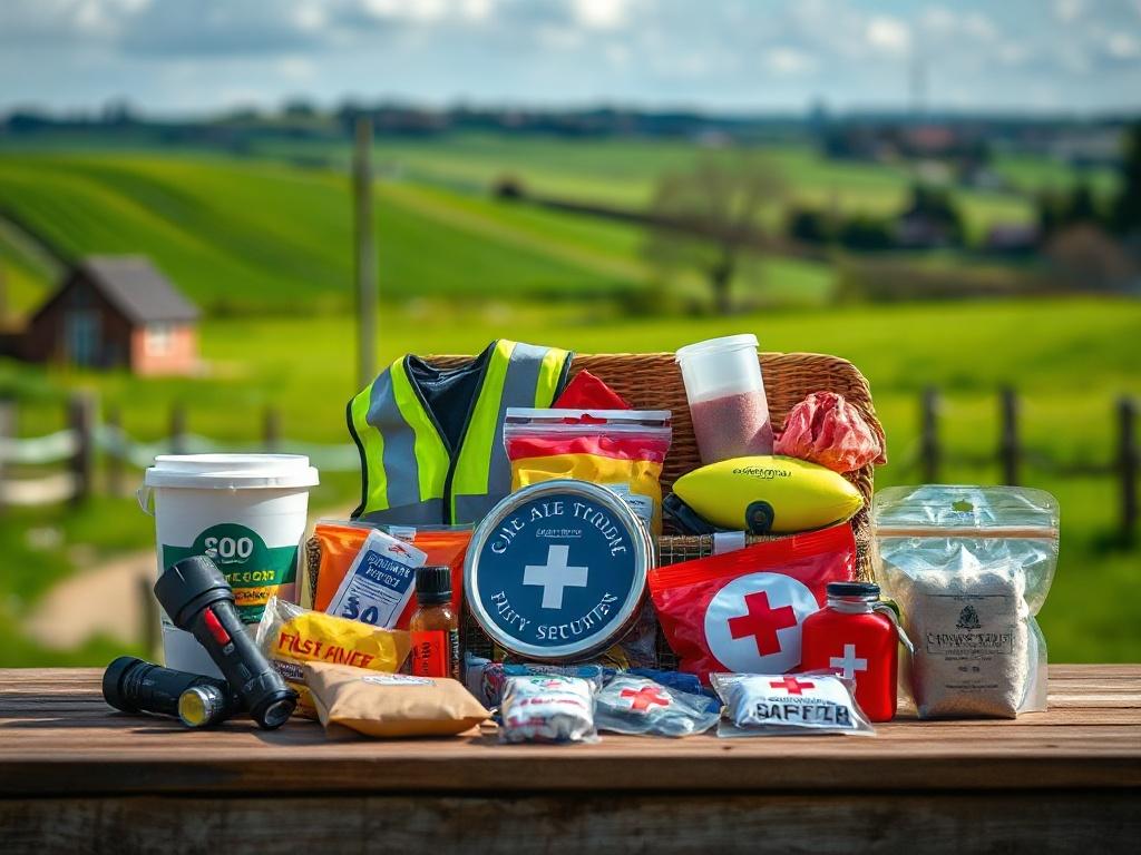 A close-up shot of a Community Security Hamper filled with essential safety items like reflective vests, flashlights, and first aid kits, set on a wooden table. Background features a blurred rural landscape with green fields and a clear sky, giving a sense of community and safety.