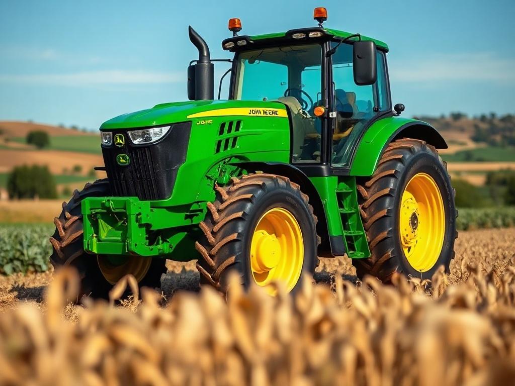 A realistic high-resolution photo of a John Deere tractor, prominently displayed in a rural landscape. The tractor should be the main focus, showcasing its vibrant green and yellow colors. The background should feature a clear blue sky and open farmland, with rolling hills and a few scattered trees in the distance. The image should capture the essence of agricultural work and the reliable performance of John Deere machinery.