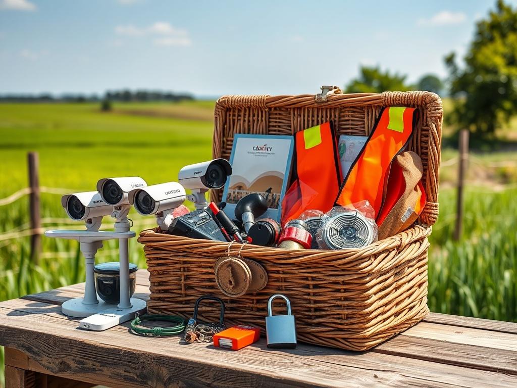 A rustic scene showing a beautifully arranged Community Security Hamper filled with security items like surveillance cameras, padlocks, and reflective vests. The hamper should be placed on a wooden table in a rural setting, with lush green fields in the background and a clear blue sky. The focus should be on the hamper, showcasing its contents clearly, with soft natural lighting highlighting the items.